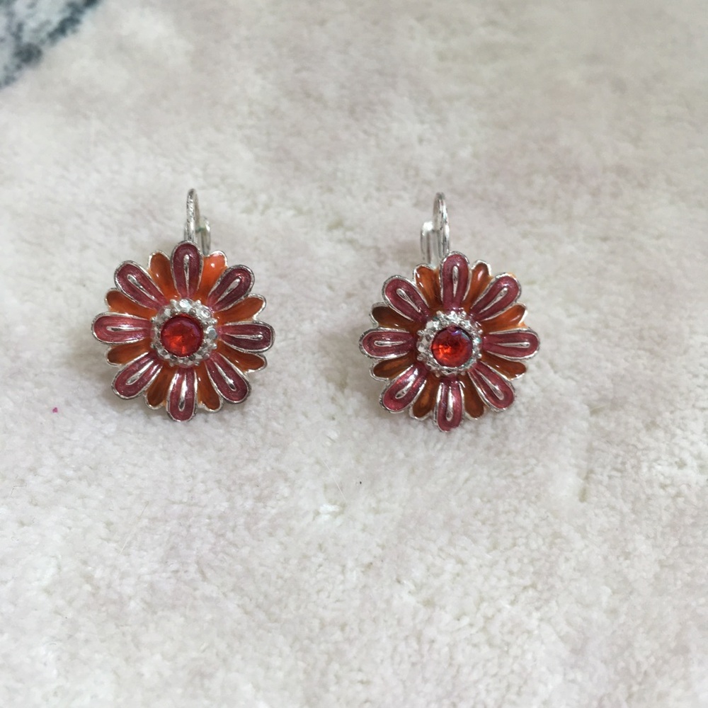 Avon Flower Red / Orange Enamel Silver Clip On Earrings - Women’s Jewelry